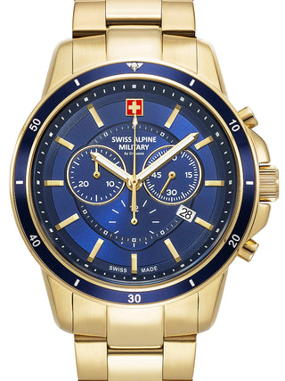 Front view of Swiss Alpine Military Chronograph 7089.9115 Blue Dial Gold Stainless Steel Unisex Watch on white background