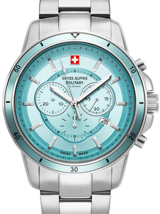 Front view of Swiss Alpine Military Chronograph 7089.9131 Blue Dial Silver Stainless Steel Unisex Watch on white background