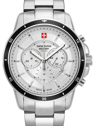 Front view of Swiss Alpine Military Chronograph 7089.9132 Silver Stainless Steel Unisex Watch on white background