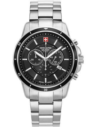 Angle shot of Swiss Alpine Military Chronograph 7089.9137 Black Dial Silver Stainless Steel Unisex Watch on white background