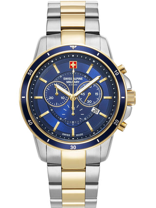 Angle shot of Swiss Alpine Military Chronograph 7089.9145 Blue Dial Gold Stainless Steel Unisex Watch on white background