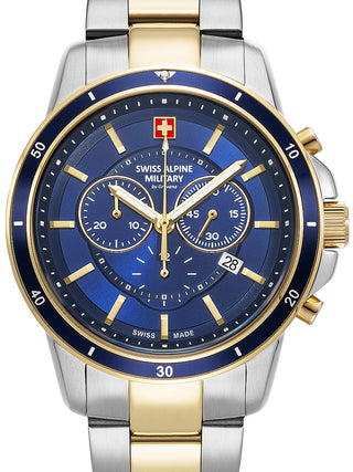 Front view of Swiss Alpine Military Chronograph 7089.9145 Blue Dial Gold Stainless Steel Unisex Watch on white background