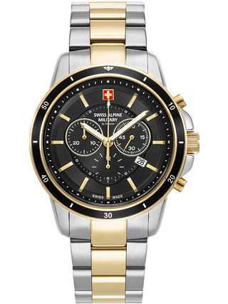 Angle shot of Swiss Alpine Military Chronograph 7089.9147 Black Dial Gold Stainless Steel Unisex Watch on white background