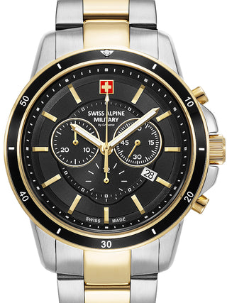 Front view of Swiss Alpine Military Chronograph 7089.9147 Black Dial Gold Stainless Steel Unisex Watch on white background