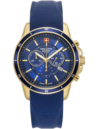 Angle shot of Swiss Alpine Military Chronograph 7089.9815 Blue Silicone Unisex Watch on white background
