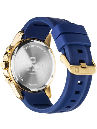 Angle shot of Swiss Alpine Military Chronograph 7089.9815 Blue Silicone Unisex Watch on white background