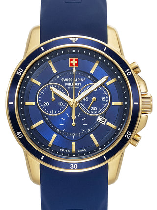 Front view of Swiss Alpine Military Chronograph 7089.9815 Blue Silicone Unisex Watch on white background