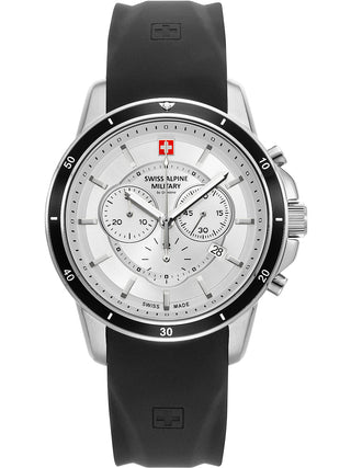 Angle shot of Swiss Alpine Military Chronograph 7089.9832 Silver Dial Black Silicone Unisex Watch on white background