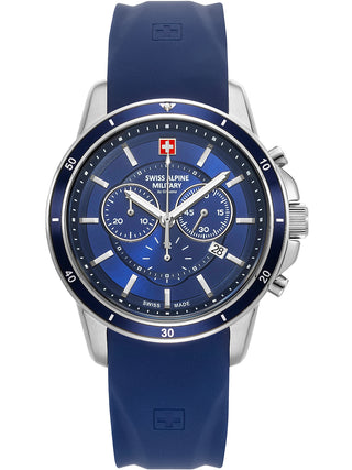 Angle shot of Swiss Alpine Military Chronograph 7089.9835 Blue Silicone Unisex Watch on white background