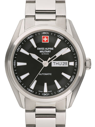 Front view of Swiss Alpine Military 7090.2137 Black Dial Silver Stainless Steel Unisex Watch on white background
