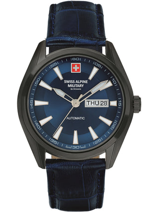 Angle shot of Swiss Alpine Military 7090.2575 Blue Leather Unisex Watch on white background