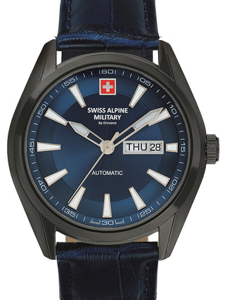 Front view of Swiss Alpine Military 7090.2575 Blue Leather Unisex Watch on white background