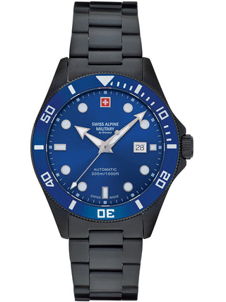 Angle shot of Swiss Alpine Military 7095.2175 Blue Dial Black Stainless Steel Unisex Watch on white background