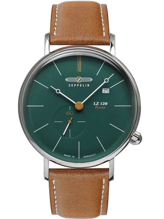 Front view of Zeppelin 71383 Green Dial Brown Leather Unisex Watch on white background