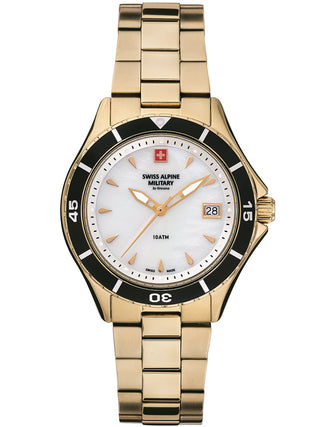 Angle shot of Swiss Alpine Military 7740.1113 Mother Of Pearl Dial Gold Stainless Steel Womens Watch on white background