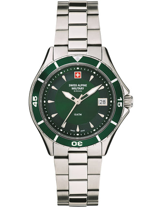 Angle shot of Swiss Alpine Military 7740.1134 Green Dial Silver Stainless Steel Womens Watch on white background