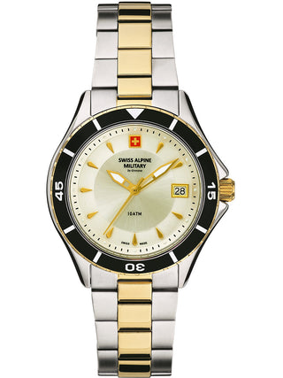 Angle shot of Swiss Alpine Military 7740.1142 Gold Stainless Steel Womens Watch on white background