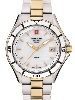 Front view of Swiss Alpine Military 7740.1143 Mother Of Pearl Dial Gold Stainless Steel Womens Watch on white background