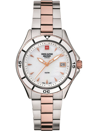 Angle shot of Swiss Alpine Military 7740.1153 Mother Of Pearl Dial Rose Gold Stainless Steel Womens Watch on white background