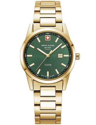 Angle shot of Swiss Alpine Military 7767.1114 Green Dial Gold Stainless Steel Womens Watch on white background