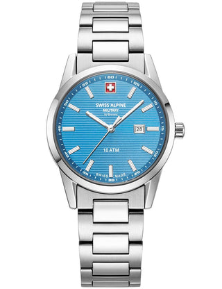 Angle shot of Swiss Alpine Military 7767.1131 Blue Dial Silver Stainless Steel Womens Watch on white background