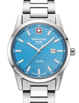 Front view of Swiss Alpine Military 7767.1131 Blue Dial Silver Stainless Steel Womens Watch on white background