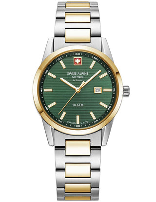 Angle shot of Swiss Alpine Military 7767.1144 Green Dial Gold Stainless Steel Womens Watch on white background