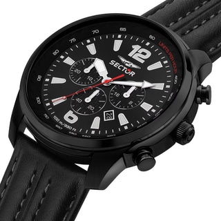 Angle shot of Sector Oversize Chronograph R3271602008 Black Leather Unisex Watch on white background