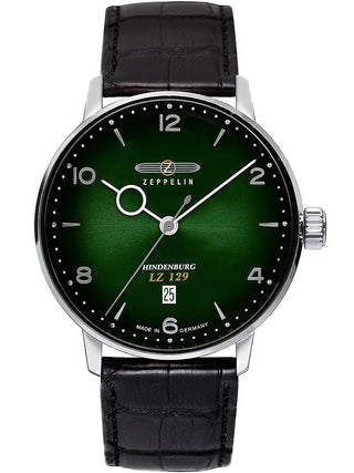 Front view of Zeppelin 80484 Green Dial Black Leather Unisex Watch on white background