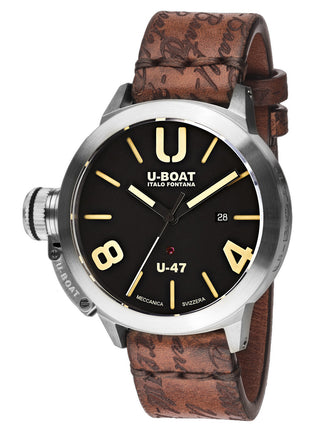 Front view of U-Boat 8105 Black Dial Brown Leather Unisex Watch on white background