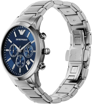 Angle shot of Emporio Armani Renato Chronograph AR2448 Blue Dial Silver Stainless Steel Mens Watch on white background