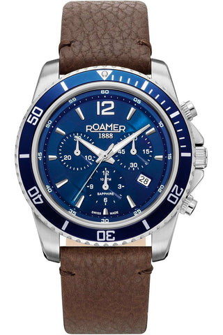 Front view of Roamer Nautic Chrono 100 862837-41-45-02 Blue Dial Brown Leather Mens Watch on white background