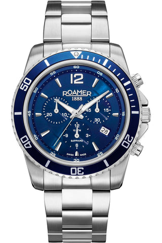 Front view of Roamer Nautic Chrono 100 862837-41-45-20 Blue Dial Grey Stainless Steel Mens Watch on white background