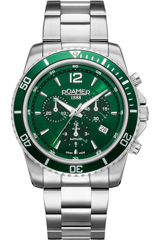 Front view of Roamer Nautic Chrono 100 862837-41-75-20 Green Dial Grey Stainless Steel Mens Watch on white background