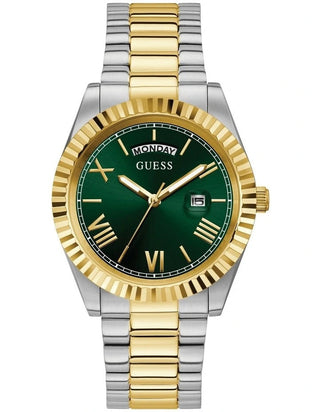 Front view of Guess Connoisseur GW0265G8 Green Dial Two Tone Stainless Steel Mens Watch on white background