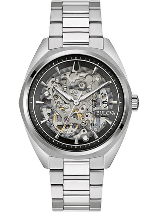 Front view of Bulova 96A293 Black Dial Silver Stainless Steel Unisex Watch on white background