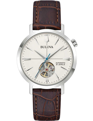 Front view of Bulova 96A318 Brown Leather Unisex Watch on white background