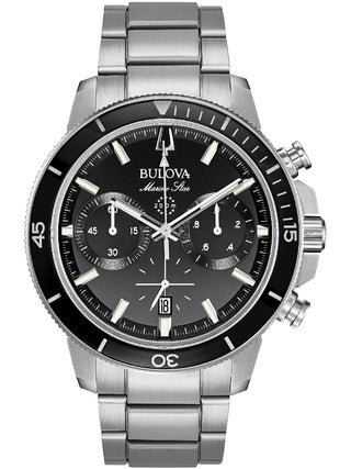 Front view of Bulova Chronograph 96B272 Black Dial Silver Stainless Steel Unisex Watch on white background