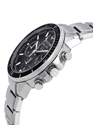 Angle shot of Bulova Chronograph 96B272 Black Dial Silver Stainless Steel Unisex Watch on white background