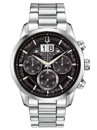 Front view of Bulova Chronograph 96B319 Black Dial Silver Stainless Steel Unisex Watch on white background