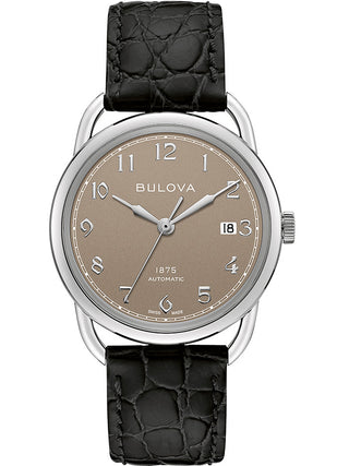 Front view of Bulova 96B324 Grey Dial Black Leather Unisex Watch on white background