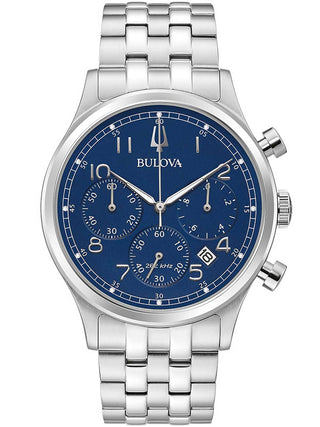 Front view of Bulova Chronograph 96B358 Blue Dial Silver Stainless Steel Unisex Watch on white background