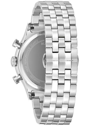 Angle shot of Bulova Chronograph 96B358 Blue Dial Silver Stainless Steel Unisex Watch on white background