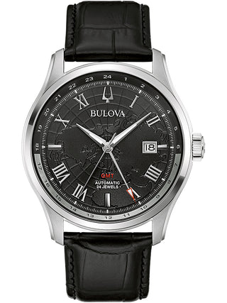 Front view of Bulova 96B387 Black Leather Unisex Watch on white background