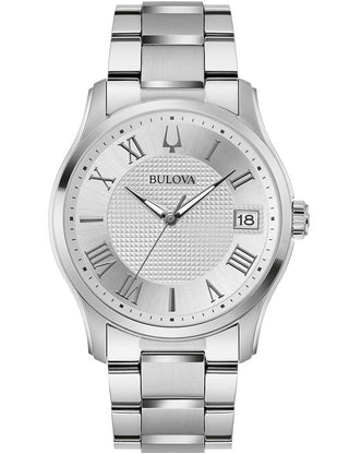 Front view of Bulova 96B391 Silver Stainless Steel Unisex Watch on white background