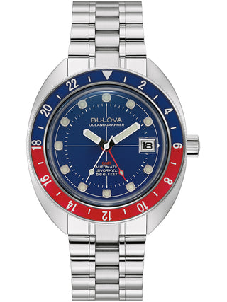 Front view of Bulova Oceanographer 96B405 Blue Dial Silver Stainless Steel Unisex Watch on white background