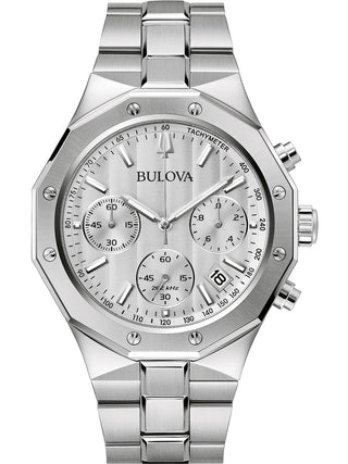 Front view of Bulova Octagon Chronograph 96B408 Silver Stainless Steel Unisex Watch on white background