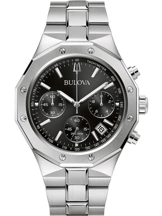 Front view of Bulova Octagon Chronograph 96B410 Black Dial Silver Stainless Steel Unisex Watch on white background