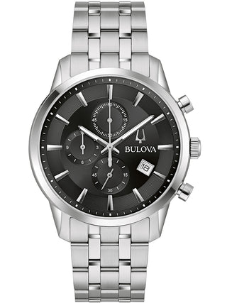 Front view of Bulova Chronograph 96B412 Black Dial Silver Stainless Steel Unisex Watch on white background