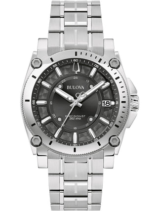 Front view of Bulova Icon 96B417 Black Dial Silver Stainless Steel Unisex Watch on white background